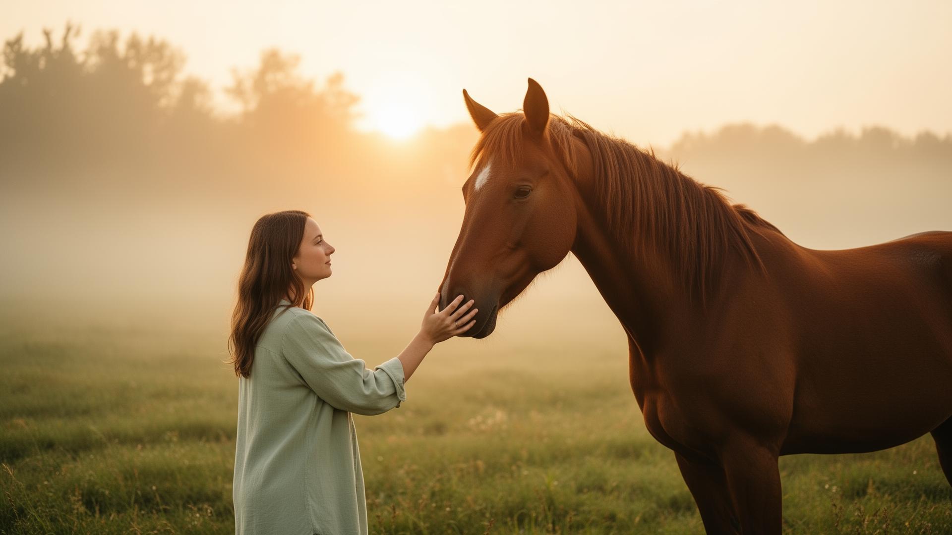 A person gently connecting with a horse at sunrise